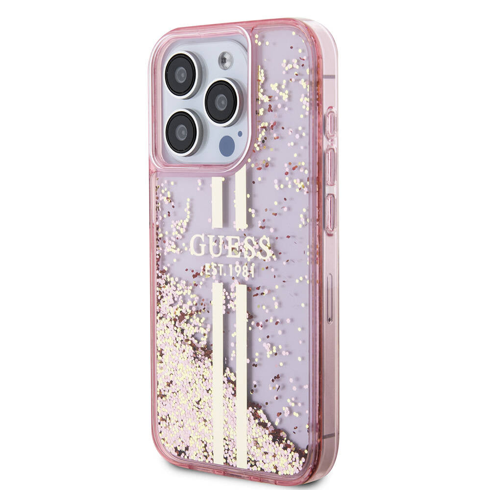 Guess iPhone 15 Pro Orjinal Lisanslı Transparan Sıvılı Simli Altın Çizgili Kılıf Guess iPhone 15 Pro Orjinal Lisanslı Transparan Sıvılı Simli Altın Çizgili Kılıf